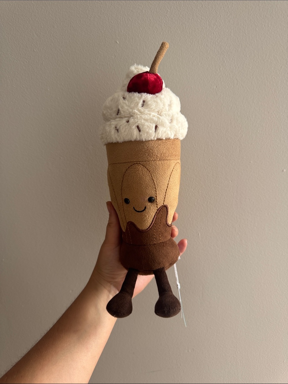 Jellycat Plush Ice Cream Cup with Cream Whip, Brown Cone & Red Cherry